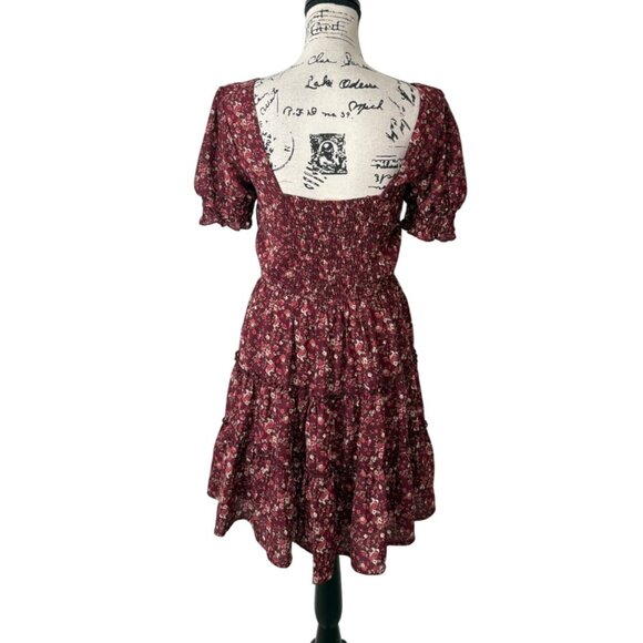 Altard State Womens Smocked Mini Dress Tiered Skirt Puff-Sleeves Red Floral Size - Picture 3 of 8